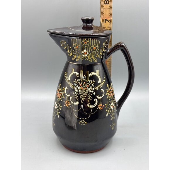 Vtg Redware Coffee Pot Black Ceramic Japan Hand Painted - Picture 7 of 7